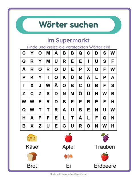Vorschau: Wortsuche-Arbeitsblatt mit Im Supermarkt für 1. Klasse