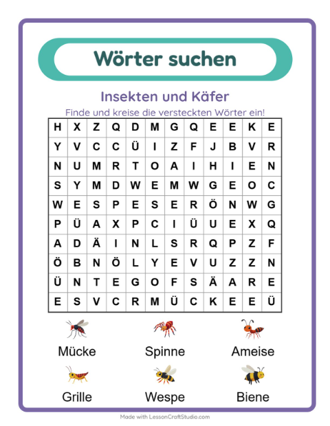 Vorschau: Wortsuche-Arbeitsblatt mit Insekten und Käfer für 1. Klasse