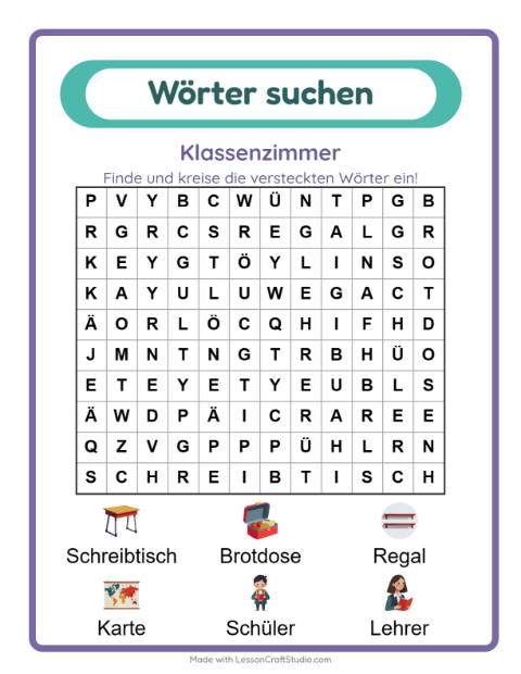 Vorschau: Wortsuche-Arbeitsblatt mit Klassenzimmer für 1. Klasse