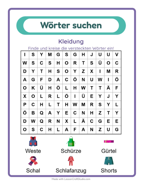 Vorschau: Wortsuche-Arbeitsblatt mit Kleidung für 1. Klasse