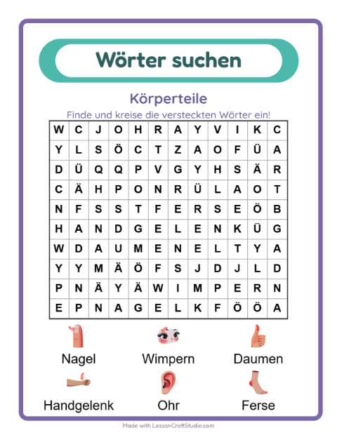 Vorschau: Wortsuche-Arbeitsblatt mit Körperteile für 1. Klasse