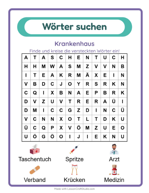 Vorschau: Wortsuche-Arbeitsblatt mit Krankenhaus für 1. Klasse