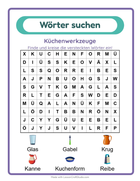 Vorschau: Wortsuche-Arbeitsblatt mit Küchenwerkzeuge für 1. Klasse