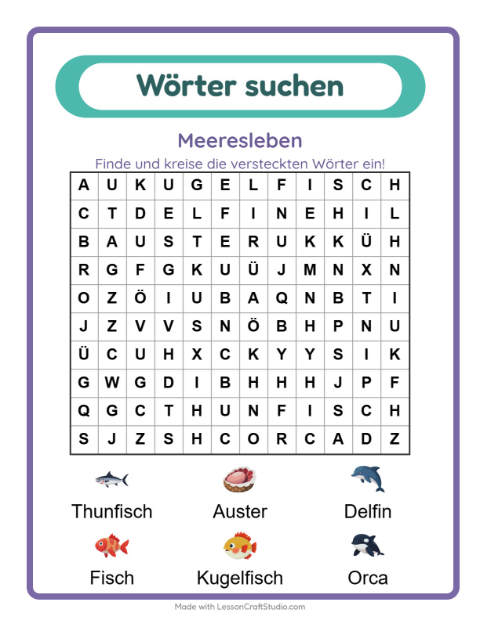 Vorschau: Wortsuche-Arbeitsblatt mit Meeresleben für 1. Klasse