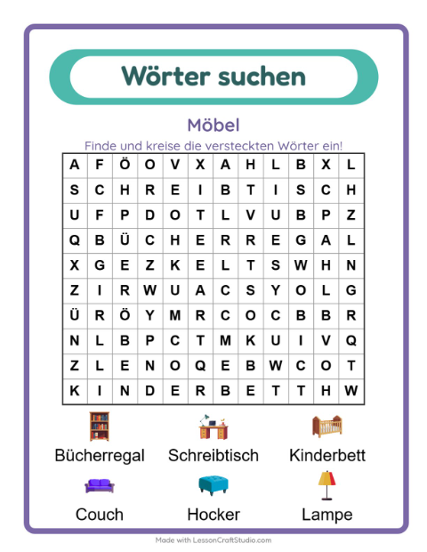 Vorschau: Wortsuche-Arbeitsblatt mit Möbel für 1. Klasse