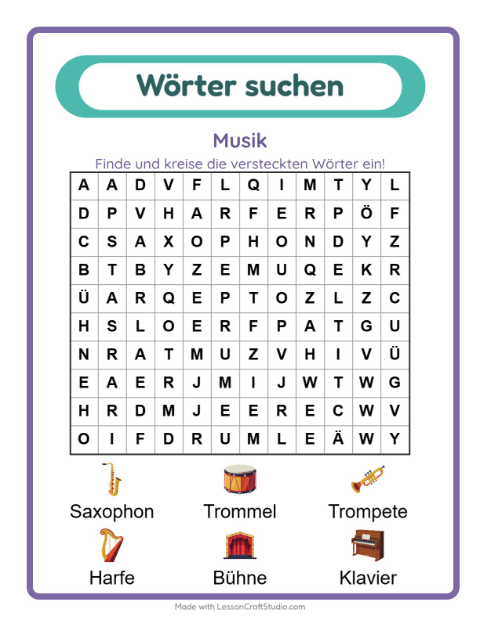 Vorschau: Wortsuche-Arbeitsblatt mit Musik für 1. Klasse