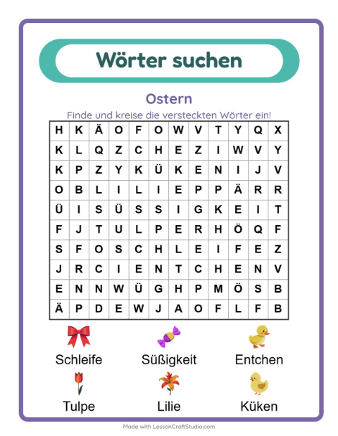 Vorschau: Wortsuche-Arbeitsblatt mit Ostern für 1. Klasse