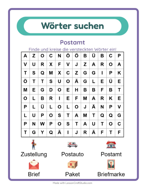 Vorschau: Wortsuche-Arbeitsblatt mit Postamt für 1. Klasse