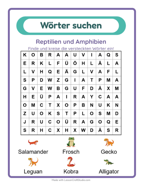 Vorschau: Wortsuche-Arbeitsblatt mit Reptilien und Amphibien für 1. Klasse