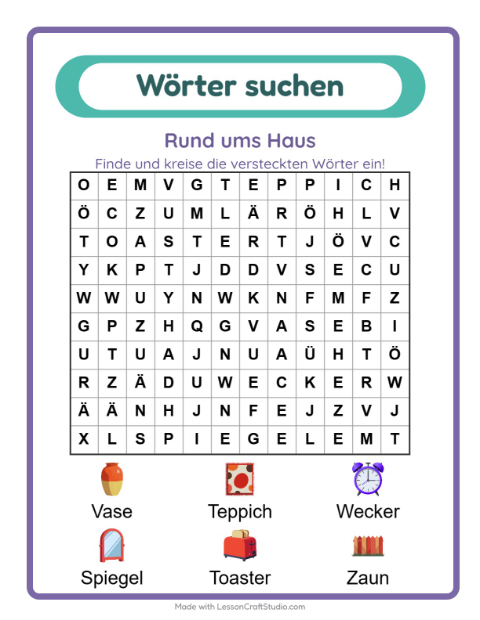Vorschau: Wortsuche-Arbeitsblatt mit Rund ums Haus für 1. Klasse
