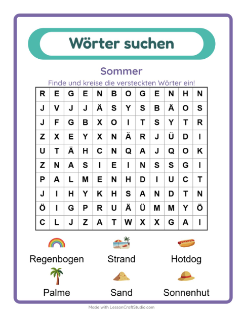 Vorschau: Wortsuche-Arbeitsblatt mit Sommer für 1. Klasse