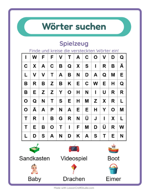 Vorschau: Wortsuche-Arbeitsblatt mit Spielzeug für 1. Klasse