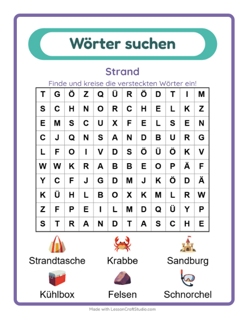 Vorschau: Wortsuche-Arbeitsblatt mit Strand für 1. Klasse