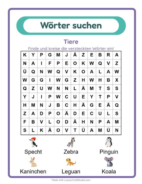 Vorschau: Wortsuche-Arbeitsblatt mit Tiere für 1. Klasse