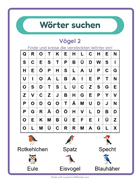 Vorschau: Wortsuche-Arbeitsblatt mit Vögel 2 für 1. Klasse