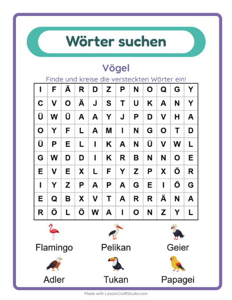 Vorschau: Wortsuche-Arbeitsblatt mit Vögel für 1. Klasse