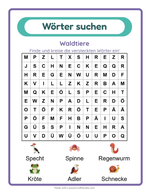 Vorschau: Wortsuche-Arbeitsblatt mit Waldtiere für 1. Klasse