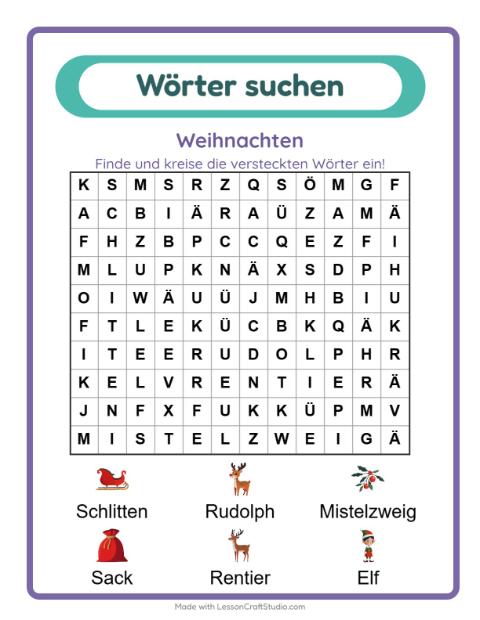 Vorschau: Wortsuche-Arbeitsblatt mit Weihnachten für 1. Klasse
