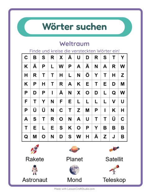 Vorschau: Wortsuche-Arbeitsblatt mit Weltraum für 1. Klasse