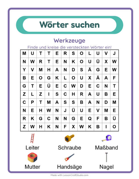 Vorschau: Wortsuche-Arbeitsblatt mit Werkzeuge für 1. Klasse