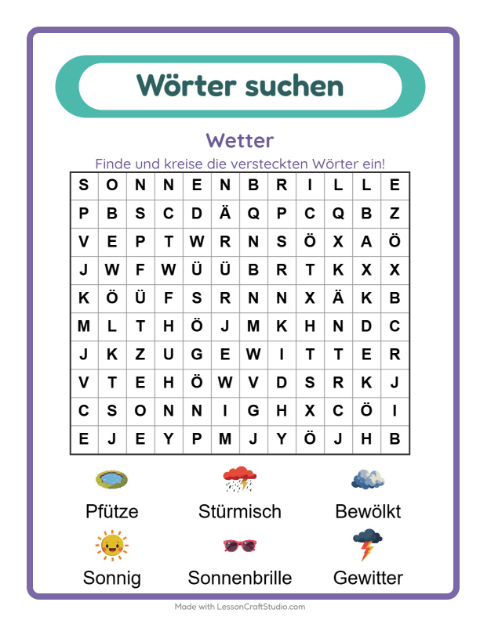 Vorschau: Wortsuche-Arbeitsblatt mit Wetter für 1. Klasse