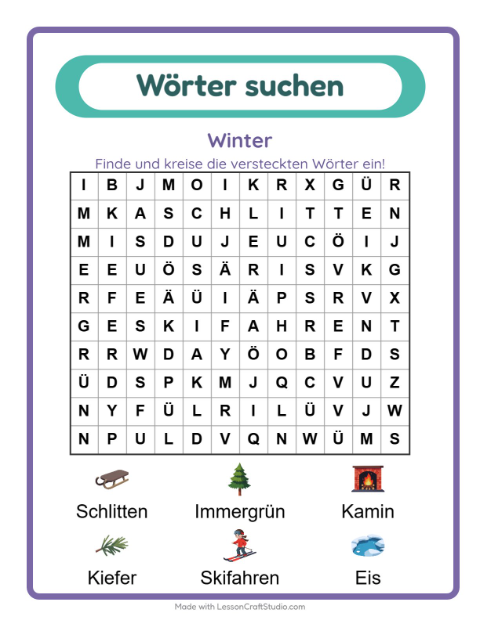 Vorschau: Wortsuche-Arbeitsblatt mit Winter für 1. Klasse