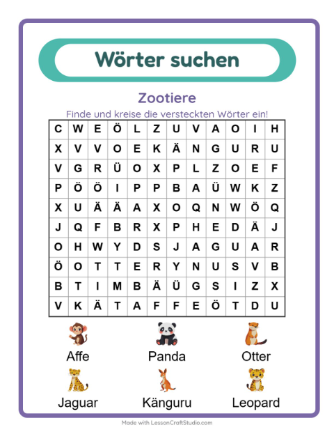 Vorschau: Wortsuche-Arbeitsblatt mit Zootiere für 1. Klasse