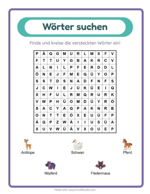 Vorschau: Wortsuche-Arbeitsblatt für 1. Klasse