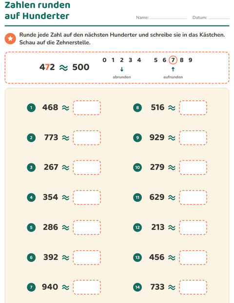 Vorschau: Zahlen runden-Arbeitsblatt für 3. Klasse