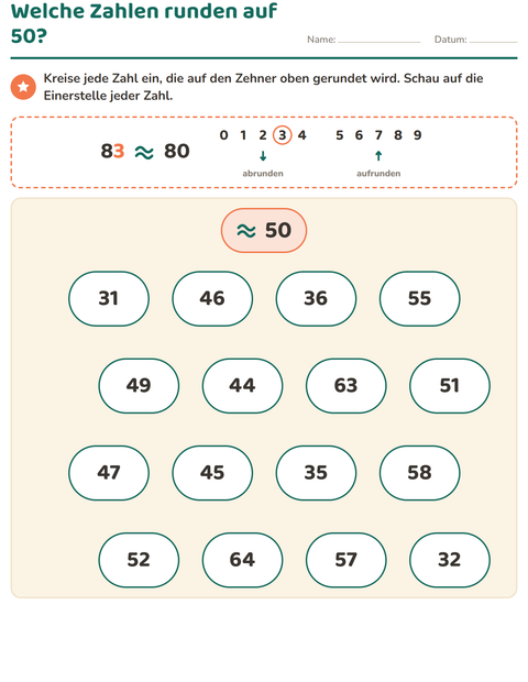 Welche Zahlen werden zu 50 gerundet?