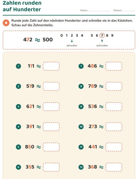 Vorschau: Zahlen runden-Arbeitsblatt für 3. Klasse
