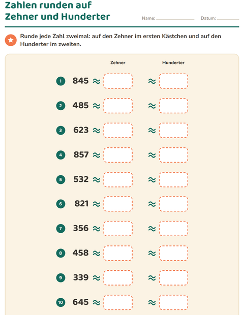 Vorschau: Zahlen runden-Arbeitsblatt für 3. Klasse