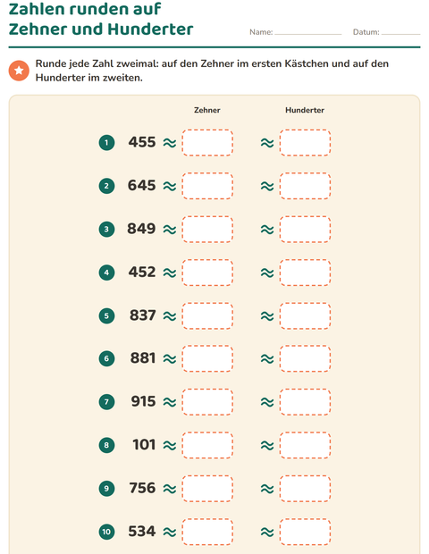 Vorschau: Zahlen runden-Arbeitsblatt für 3. Klasse