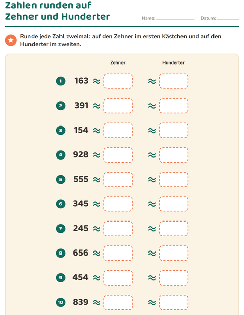 Vorschau: Zahlen runden-Arbeitsblatt für 3. Klasse