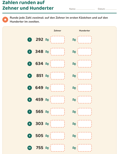 Vorschau: Zahlen runden-Arbeitsblatt für 3. Klasse