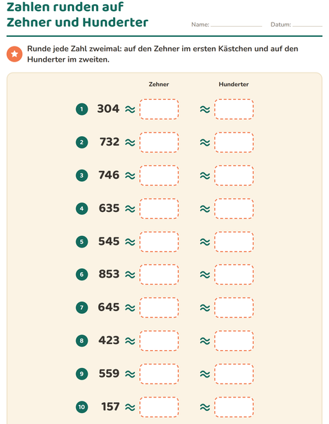 Vorschau: Zahlen runden-Arbeitsblatt für 3. Klasse