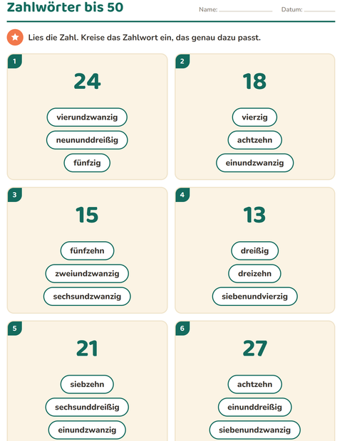 Vorschau: Zahlwörter-Arbeitsblatt für 1. Klasse