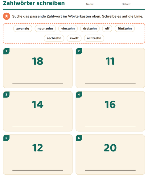 Vorschau: Zahlwörter-Arbeitsblatt für 1. Klasse