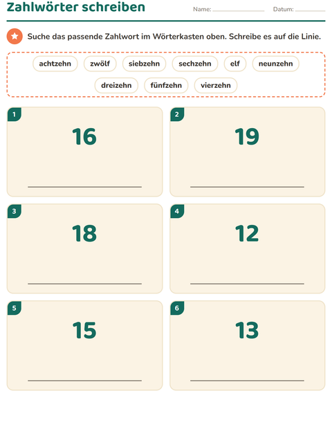 Vorschau: Zahlwörter-Arbeitsblatt für 1. Klasse