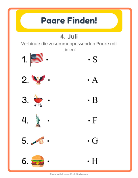 Vorschau: Zuordnung-Arbeitsblatt mit 4. Juli für Kindergarten