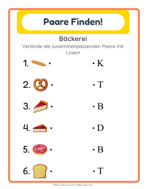 Vorschau: Zuordnung-Arbeitsblatt mit Bäckerei für Kindergarten