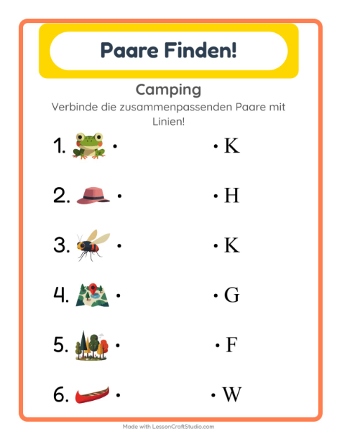 Vorschau: Zuordnung-Arbeitsblatt mit Camping für Kindergarten