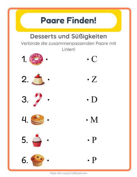 Buchstaben zuordnen – Desserts und Süßigkeiten