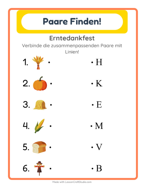 Vorschau: Zuordnung-Arbeitsblatt mit Erntedankfest für Kindergarten
