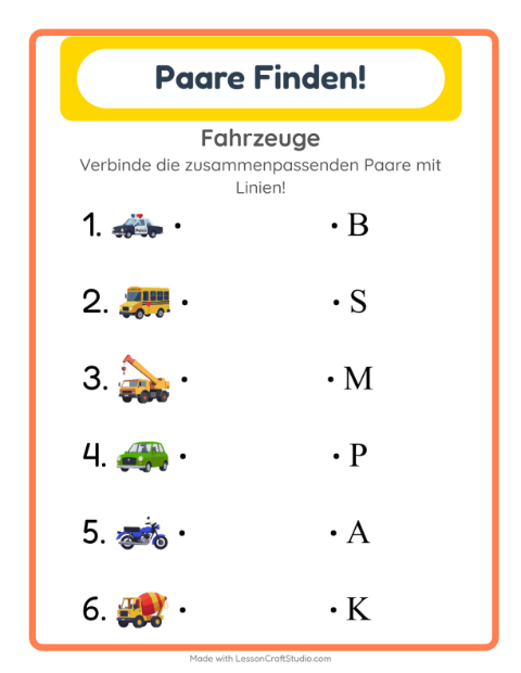 Vorschau: Zuordnung-Arbeitsblatt mit Fahrzeuge für Kindergarten
