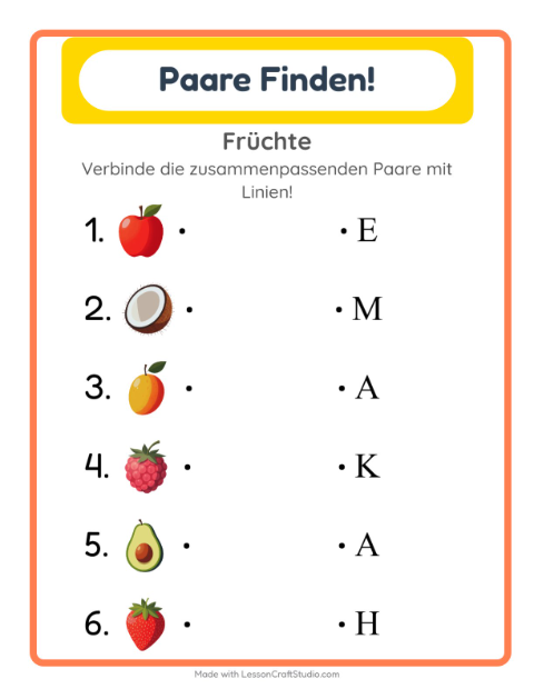 Vorschau: Zuordnung-Arbeitsblatt mit Früchte für Kindergarten