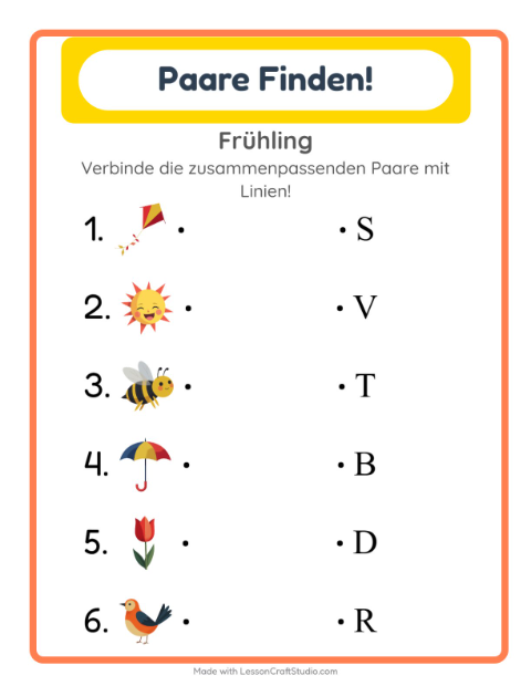 Vorschau: Zuordnung-Arbeitsblatt mit Frühling für Kindergarten