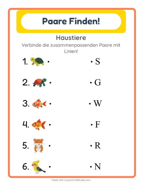 Vorschau: Zuordnung-Arbeitsblatt mit Haustiere für Kindergarten