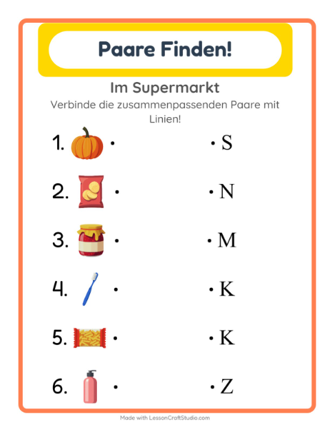 Vorschau: Zuordnung-Arbeitsblatt mit Im Supermarkt für Kindergarten