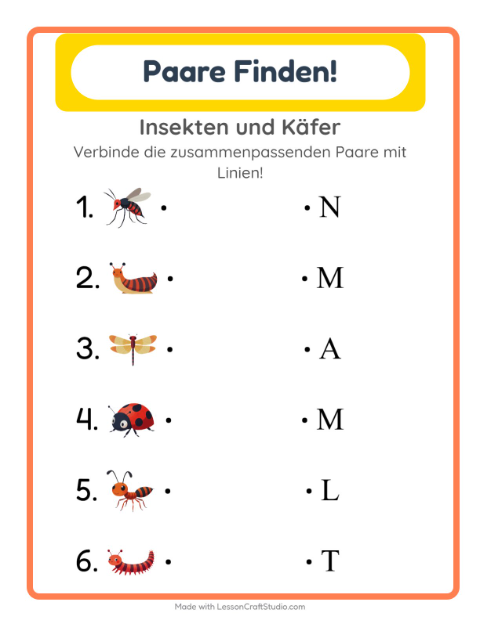 Vorschau: Zuordnung-Arbeitsblatt mit Insekten und Käfer für Kindergarten